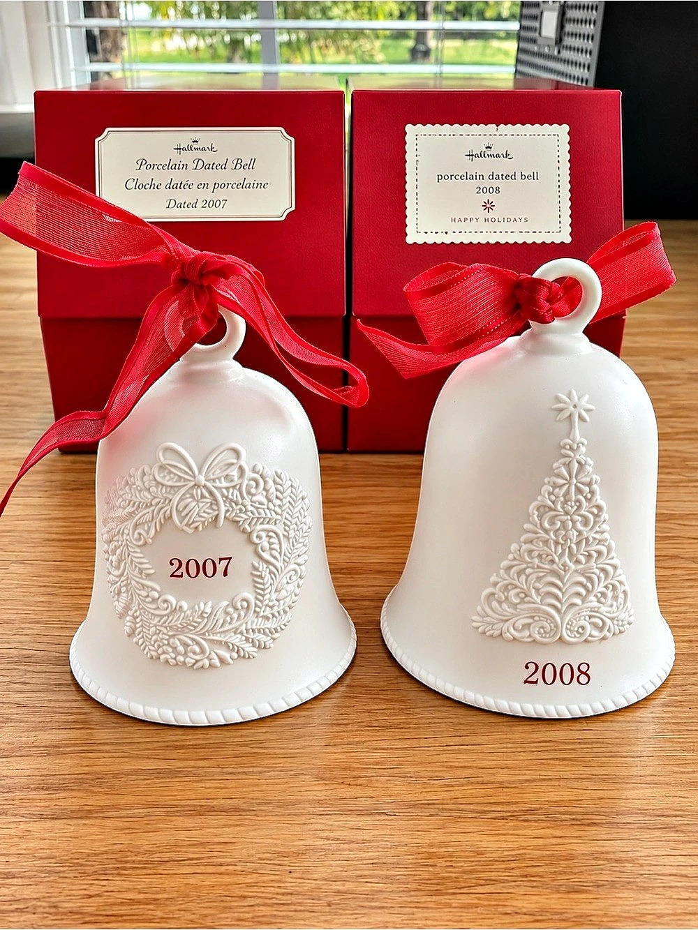 Vintage Hallmark Porcelain Dated Bell Ornament Set (2007 & 2008)